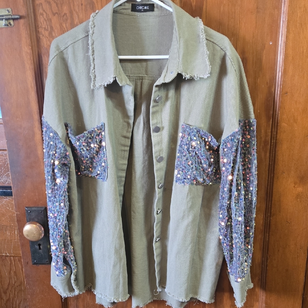 Olive Men's Button Down Shirt with Sequin Sleeves